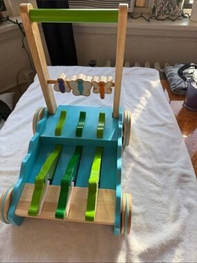 Melissa & Doug Teal and Lime Wooden Push Walker with Bead Row